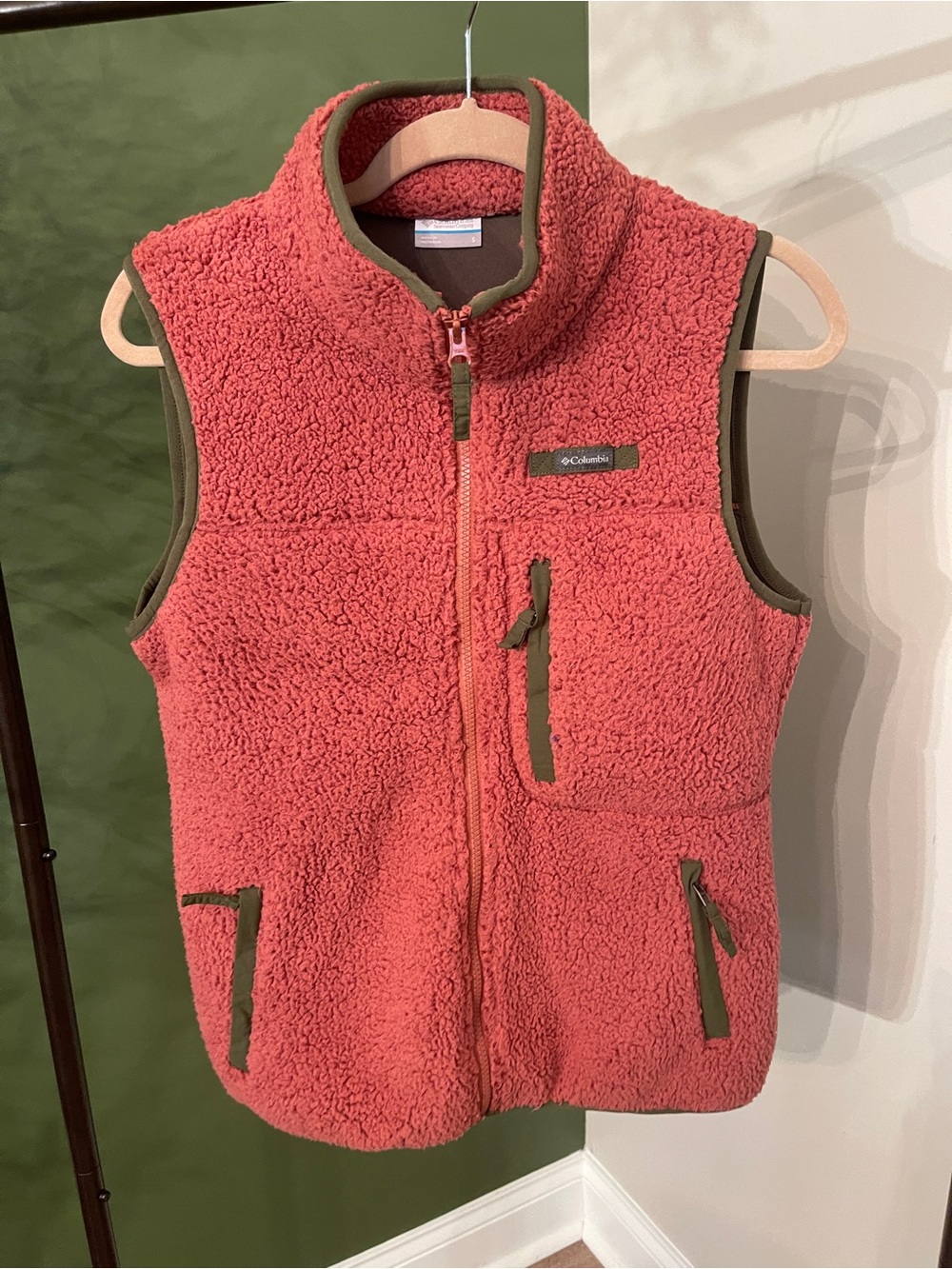 Columbia Coral Sherpa Fleece Vest with Olive Trim